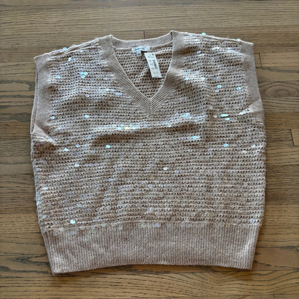Madewell Sequin V-Neck Sweater Vest Tan Beige Wool Blend N0006 Small NWT